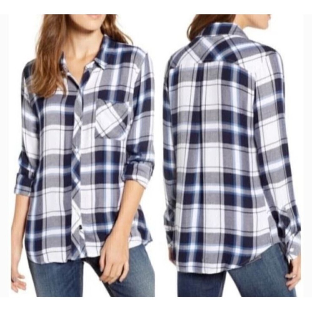Rails Long Sleeve Button Up Shirt Small Hunter Plaid White & Navy Sapphire